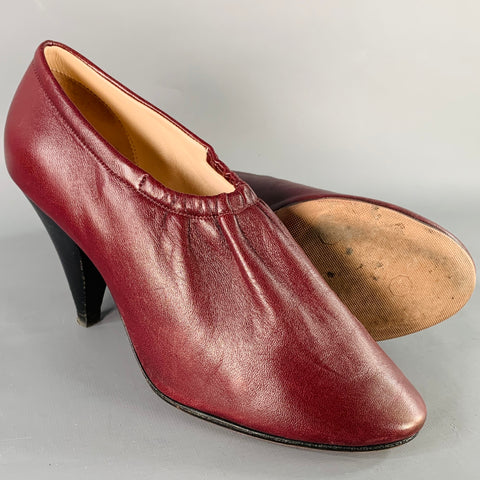 CELINE Size 7 High Throat Burgundy Leather Cone Heel Pumps