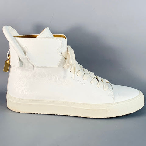 BUSCEMI Size 10 White Gold Tone Leather High Top Sneakers