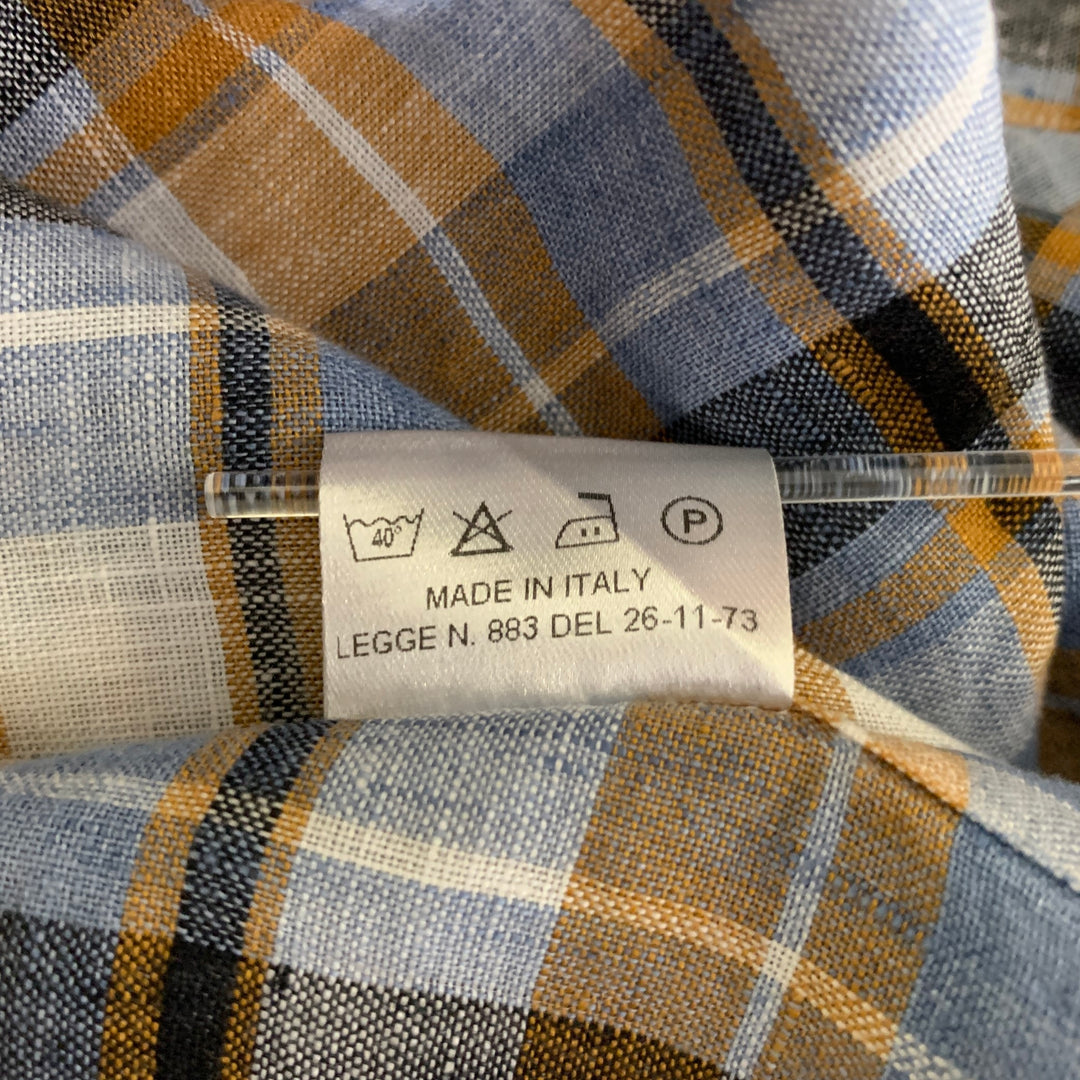 Chemise à manches longues BORRIELLO en lin à col italien à carreaux bleu, orange et blanc, taille XL