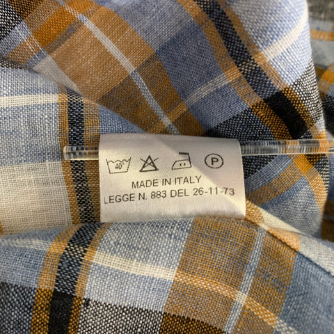 BORRIELLO Size XL Blue Orange White Plaid Linen Spread Collar Long Sleeve Shirt