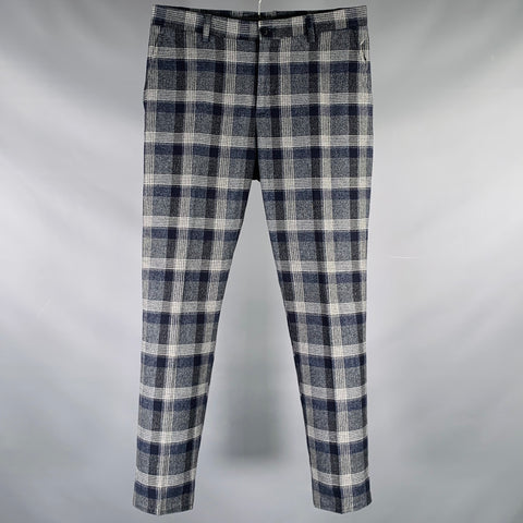 ETRO Size 30 Navy Grey Plaid Cotton Zip Fly Dress Pants