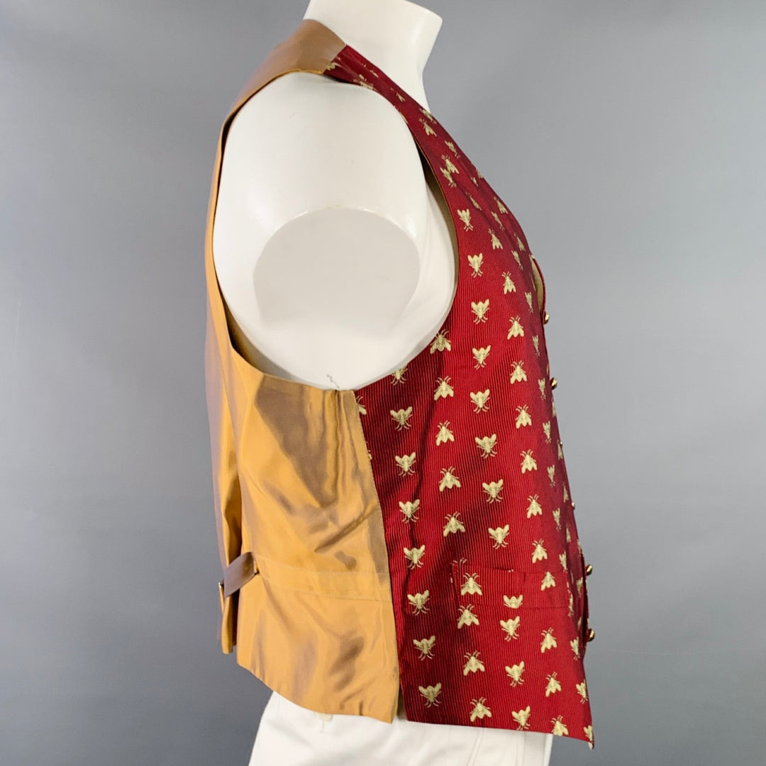 FAVOURBROOK Size 44 Burgundy Gold Embroidered Bees Silk Classic V-Neck Vest