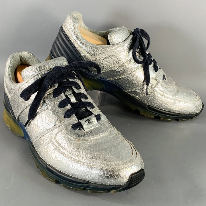 CHANEL Size 11 Metallic Silver Navy Crackled Leather Lace-Up Sneakers