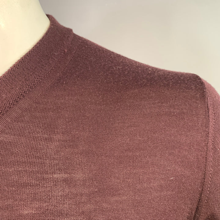 LANVIN Size L Burgundy Wool Blend V-Neck Pullover