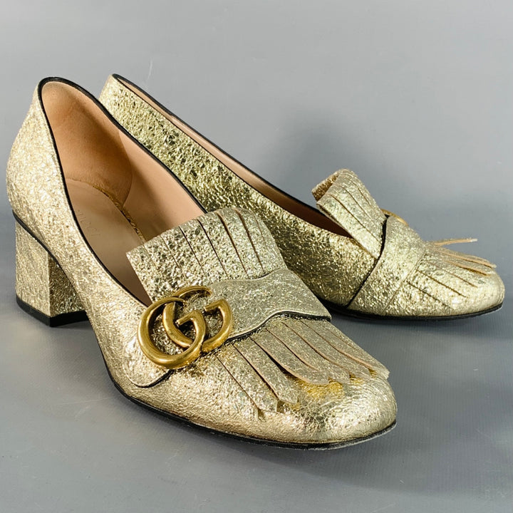GUCCI Size 7.5 Metallic Gold Leather Textured Eyelash Fringed Pumps
