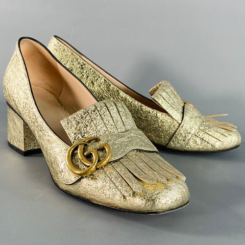 GUCCI Size 7.5 Metallic Gold Leather Textured Eyelash Fringed Pumps