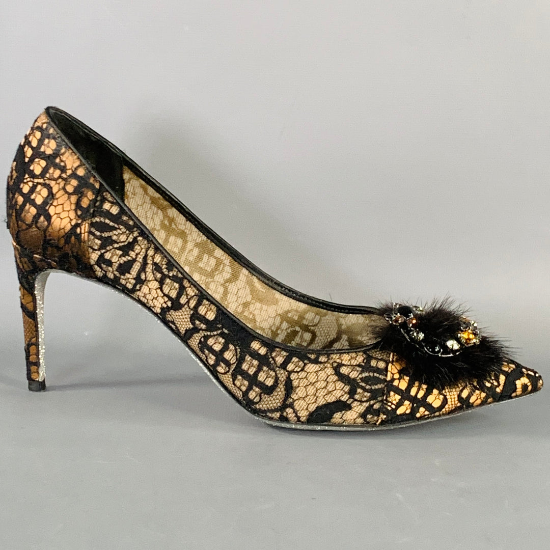 RENE CAOVILLA Size 10.5 Brown Black Lace Rhinestones Pointed Toe Stiletto Pumps