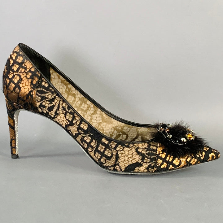 RENE CAOVILLA Size 10.5 Brown Black Lace Rhinestones Pointed Toe Stiletto Pumps