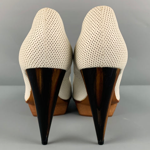 LANVIN Talla 11 Bombas de plataforma perforadas de cuero blanco marrón