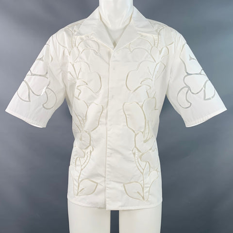 VALENTINO Size M White Lace Cotton Silk Hidden Placket Short Sleeve Shirt