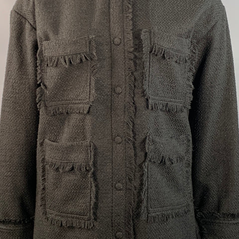 APPARIS Size XL Black Polyester Tweed Patch Pockets Fringed Coat