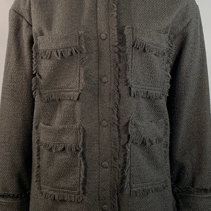 APPARIS Size XL Black Polyester Tweed Patch Pockets Fringed Coat