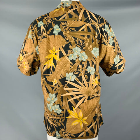 BRIONI Size M Brown Black Tropic Floral Print Rayon Button Up Short Sleeve Shirt