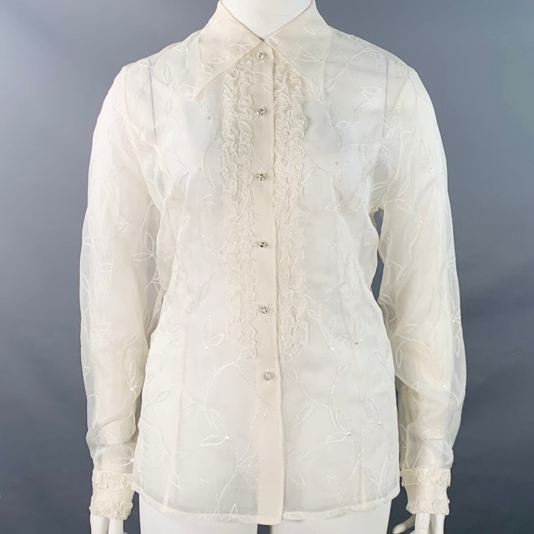 ESCADA Size XL Off White Silk Sheer Embroidered Ruffled Button Up Shirt