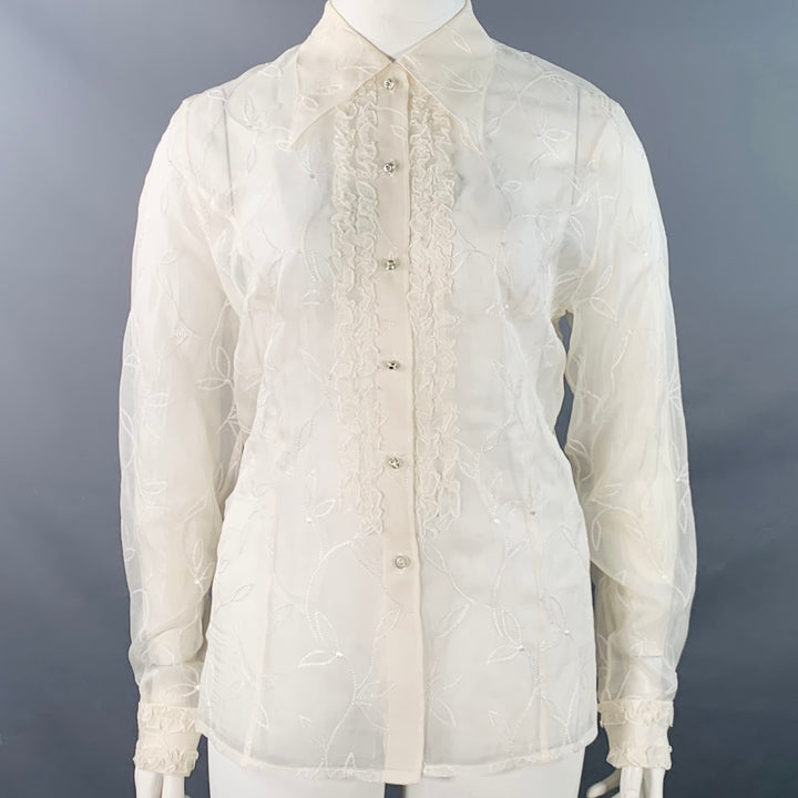 ESCADA Size XL Off White Silk Sheer Embroidered Ruffled Button Up Shirt