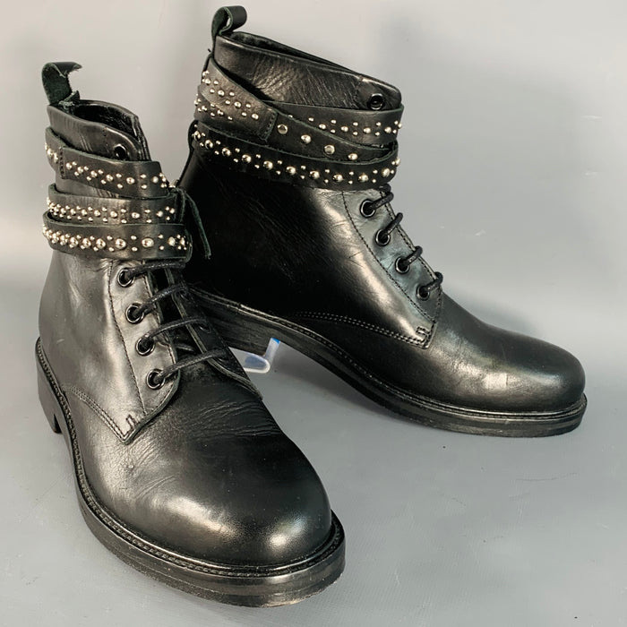 Bottines lacées en cuir noir cloutées, taille 7, MAJE
