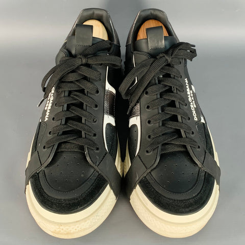 DOLCE & GABBANA Size 10 Black White Silver Logo Leather Sneakers