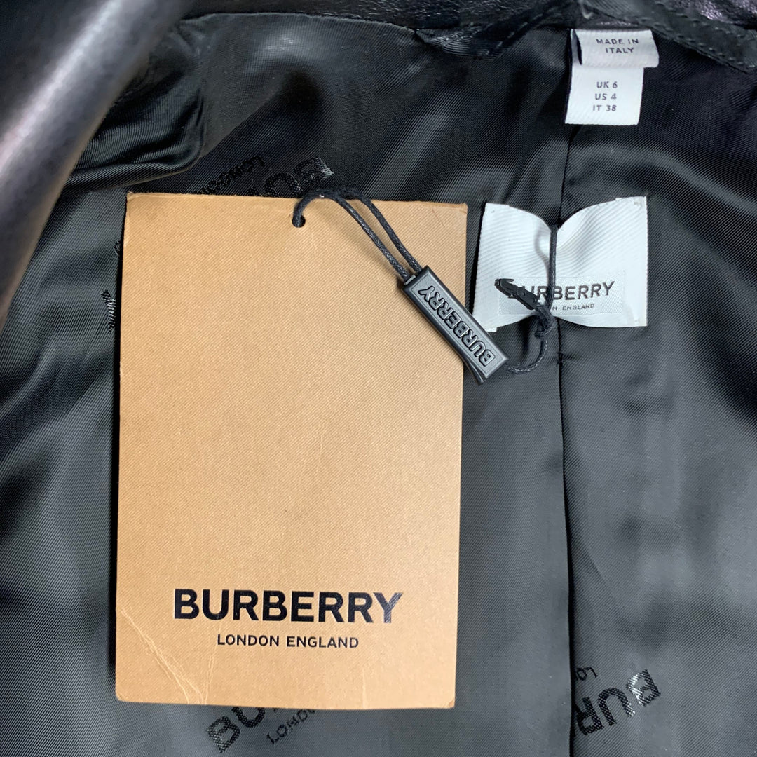 BURBERRY Size 4 Black Leather Biker Belted Coattails Jacket