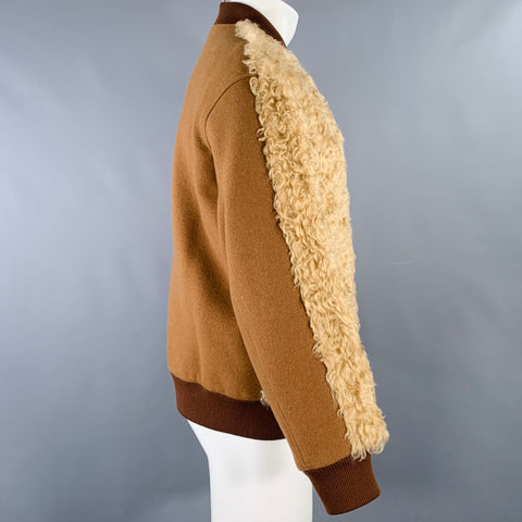 DRIES VAN NOTEN Size S Tan Brown Shaggy Faux Shearling Bomber Jacket