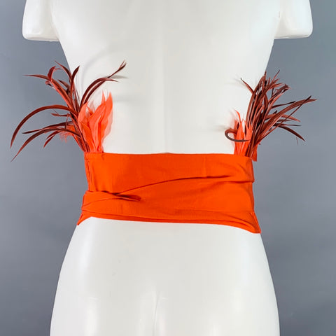 SARA ROKA Size M Red Orange Feather Cotton Blend Grosgrain Sash Belt