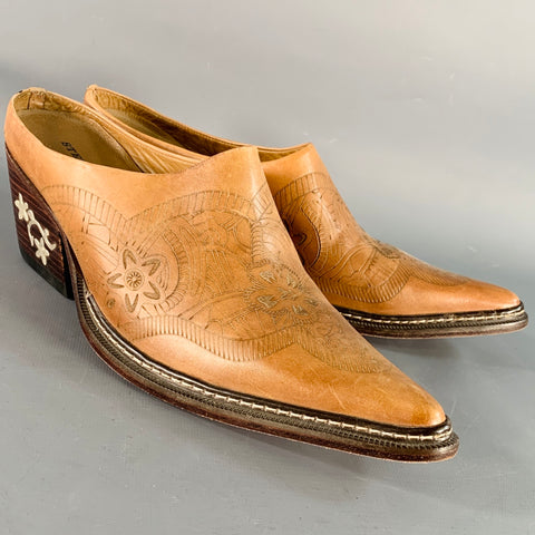 STETSON Size 10 Camel Embossed Leather Western Mules Pumps