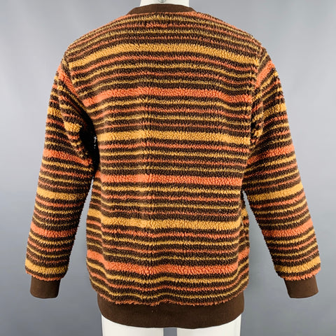 BEAMS PLUS Size M Brown Orange Yellow Stripe Faux Shearling Crew Neck Sweater