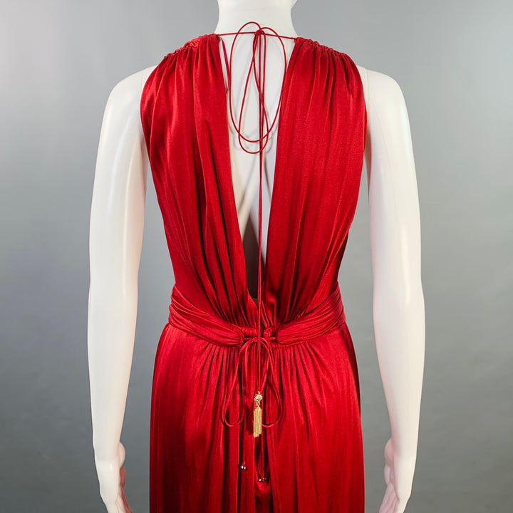 AZZARO Size 6 Woven Venus Red Viscose Plunging V-Neck Knee Length Cocktail Dress