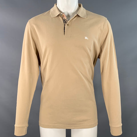 BURBERRY BRIT Size M Beige Embroidery Cotton Pique Classic Fit Contrast Trim Long Sleeve Polo