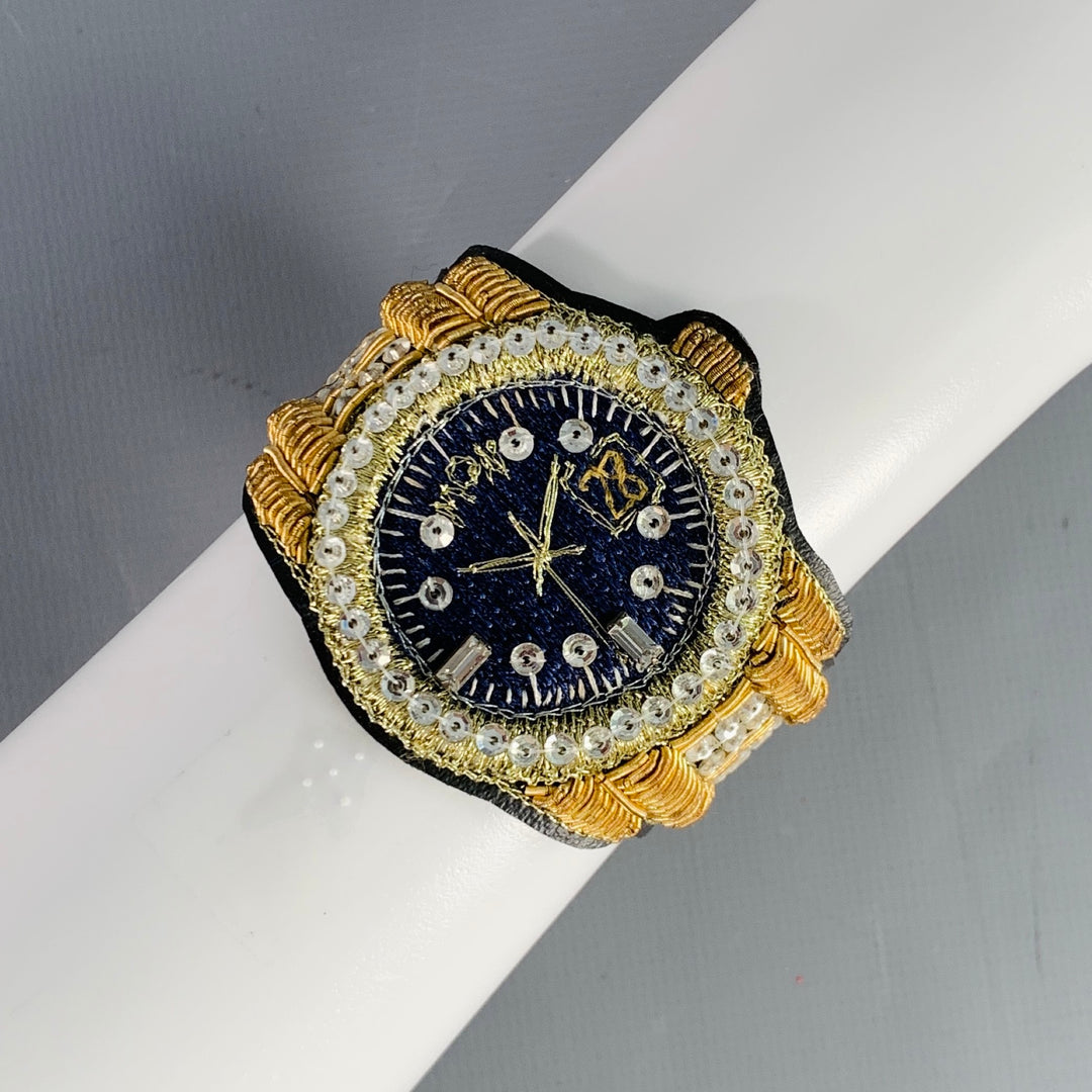 WALTER VAN BEIRENDONCK Gold Blue Sequined Beaded Watch Bracelet