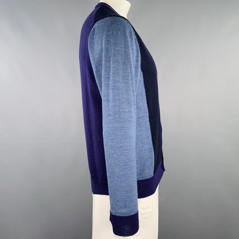ETRO Size L Navy Grey Color Block Wool V-Neck Cardigan