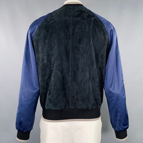 LANVIN Size 46 Black Blue Mixed Fabrics Lamb Suede Bomber Jacket
