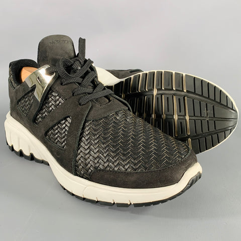 NEIL BARRETT Size 10.5 Black Silver Woven Leather Sneakers