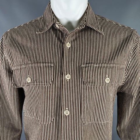 TODD SNYDER Taille M Chemise à manches longues en coton rayée marron et blanc