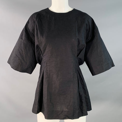 TOTEME Size M Black Cotton Linen Short Sleeve Pleated Blouse