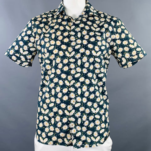 RILEY Size L Navy White Floral Cotton Spread Collar Short Sleeve Shirt