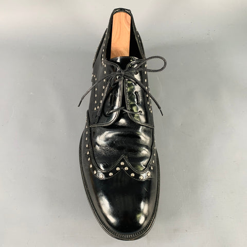 DSQUARED2 Size 11.5 Black Silver Studded Patent Leather Moccasin Lace-Up Shoes