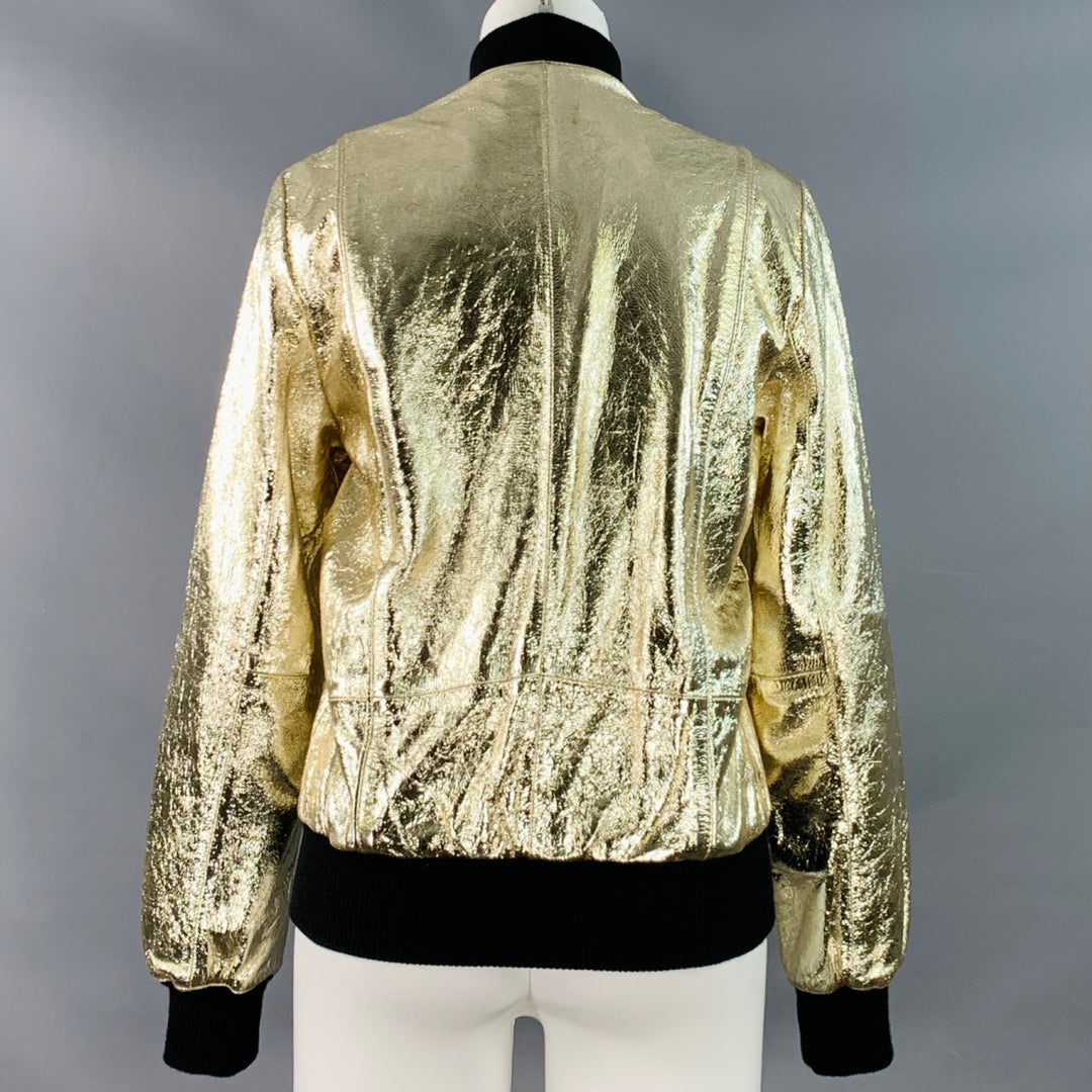 ZADIG & VOLTAIRE Size S Larsona Foil Gold Black Leather Metallic Zip Up Bomber Jacket