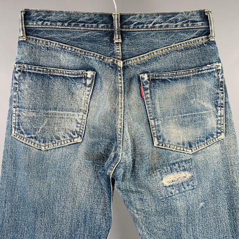 KAPITAL Size 29 Blue Distressed Cotton Straight Five Pockets Jeans