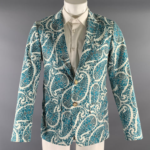 MR TURK Chest Size 40 White Blue Paisley Cotton Blend Notch Lapel 34 28 Suit