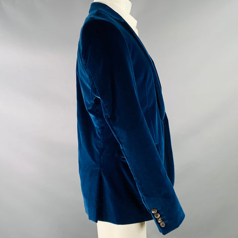 CALVIN KLEIN COLLECTION Size 40 Blue Velvet Cotton Blend Notch Lapel Single Button Sport Coat