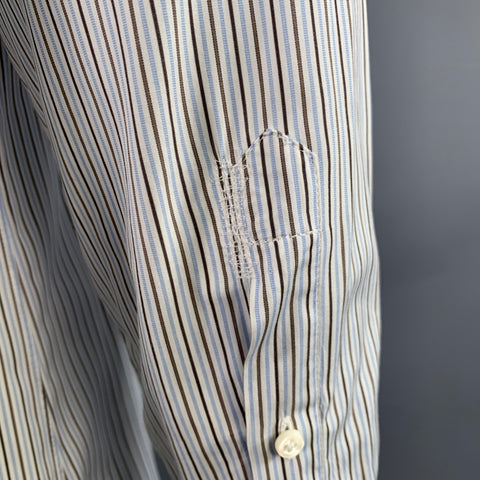 ERMENEGILDO ZEGNA Size L White Blue Brown Stripe Cotton Long Sleeve Shirt
