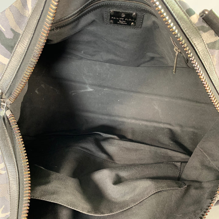 PHILIPP PLEIN Grey Black Camouflage Saffiano Leather Canvas Duffle Bag