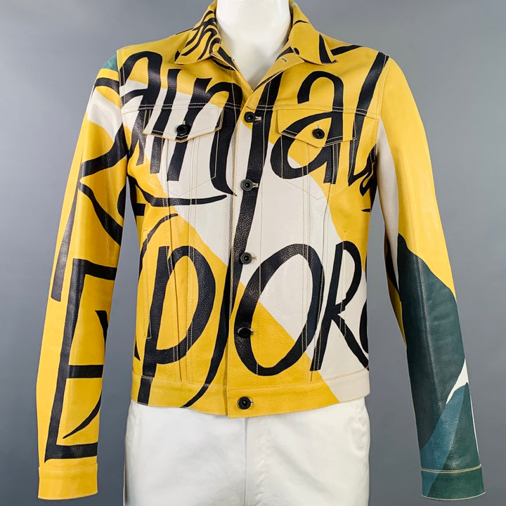 BURBERRY PRORSUM SS15 Size 42 Yellow Black Book Cover Print Leather Jacket