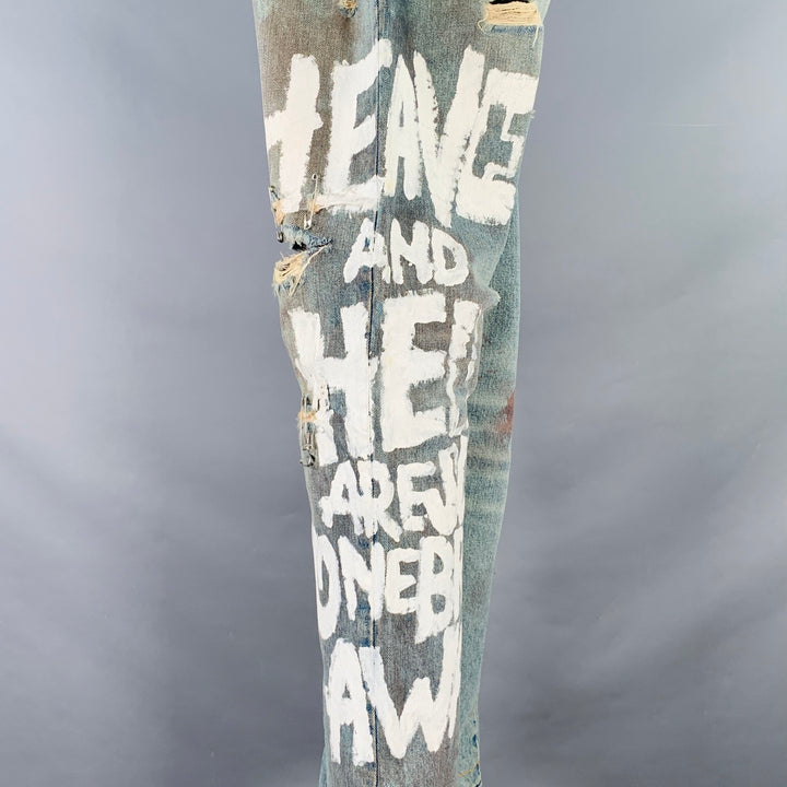 DOLCE & GABBANA Size 33 Heaven and Hell Blue White Hand Painted Denim Straight Distressed Jeans