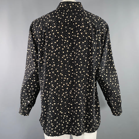 BRIONI Taille XL Chemise à Manches Longues Boutonnée en Soie Noire à Pois Beiges
