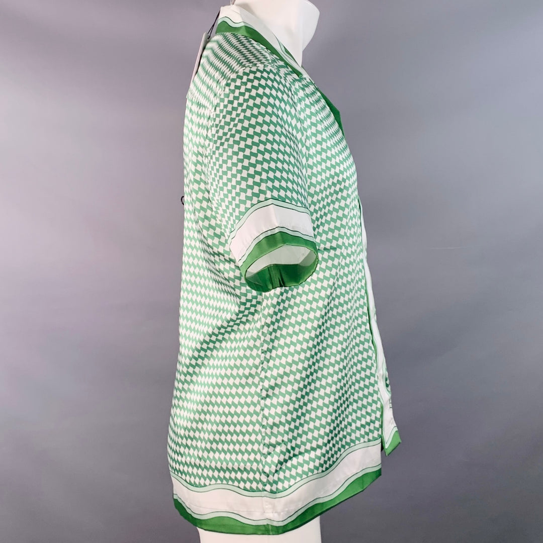 REISS Size M Vanpelt Green Ivory Geometric Polyester Regular Fit Camp Short Sleeve Shirt