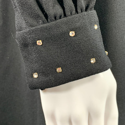 SAINT LAURENT Size 8 Black Gold Wool Crepe Rhinestones Long Sleeve Dress