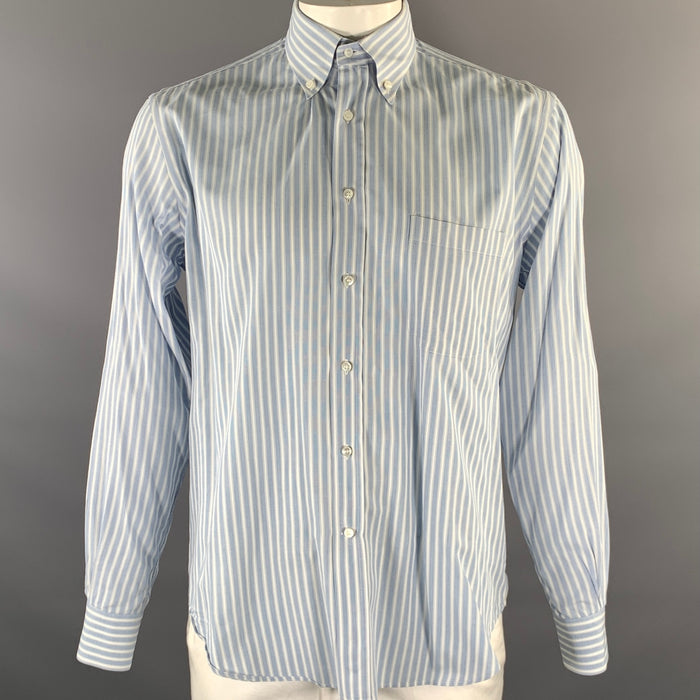 LORO PIANA Size XL Blue White Stripe Cotton Button Down Long Sleeve Shirt