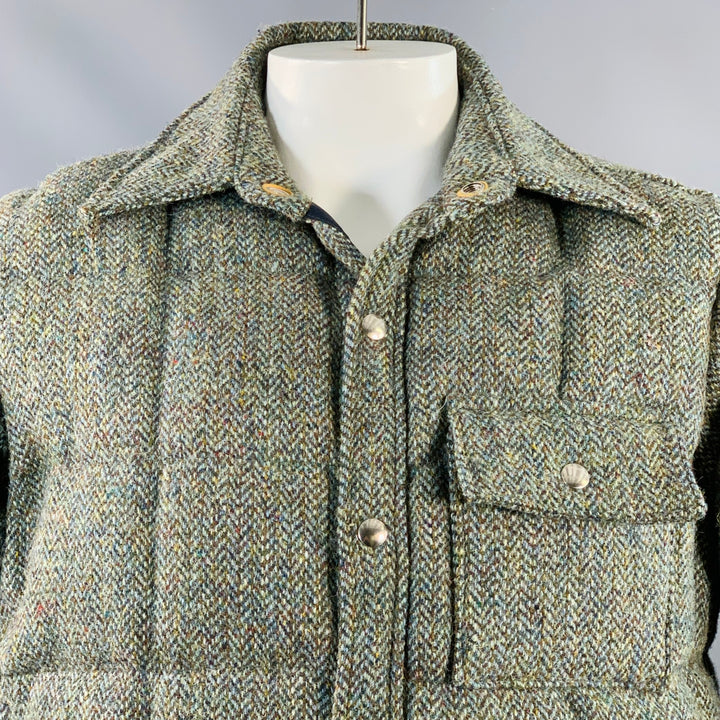 CRESCENT DOWN WORKS Size XL Green Herringbone Virgin Wool Snaps Jacket