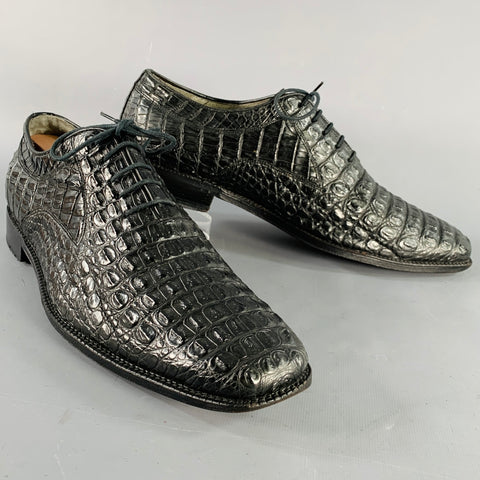 MC SHOES Size 12 Black Gator Embossed Leather Square Toe Lace-Up Shoes